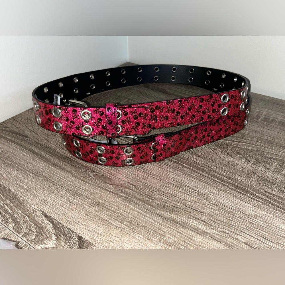 2-Women’s/Junior No Boundaries Belts Pink Glitter Skulls Bones Punk Emo Large